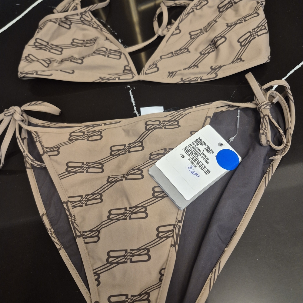 Balenciaga Beige Bikini Set with Logo Pattern